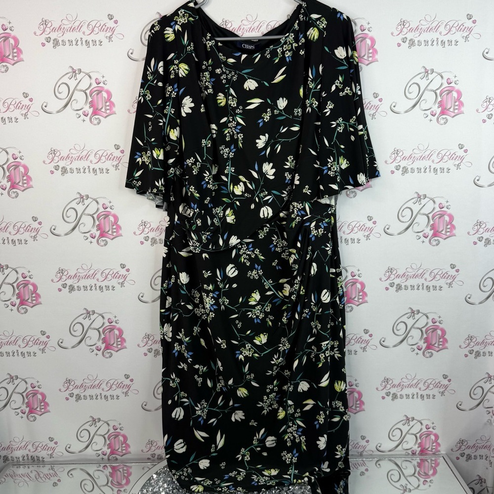 Chaps dress long maxi flowers white green yellow Black Dress with Floral Design